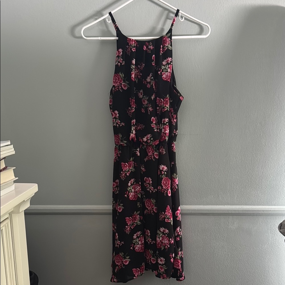 Black lined Dress with Pink Floral Design